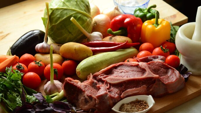 фото: продукти харчування, мʼясо та овочі на столі