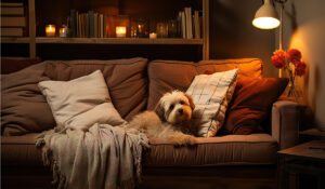 фото: інтерʼєр кімнати, затишна кімната, собака на дивані
