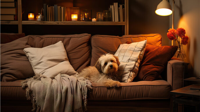 фото: інтерʼєр кімнати, затишна кімната, собака на дивані
