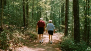 фото: пара людей похилого віку гуляє у парку - тривалість життя