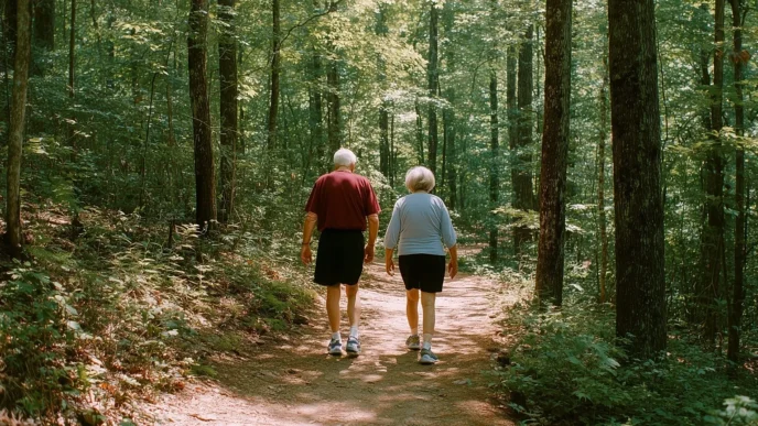 фото: пара людей похилого віку гуляє у парку - тривалість життя