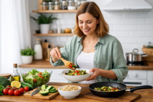 фото: людина готує здорову вечерю з овочами на сучасній кухні - легкі вечері